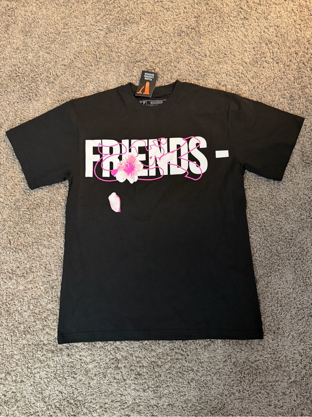 VLONE Black Tee with White Logo and Pink Graphic